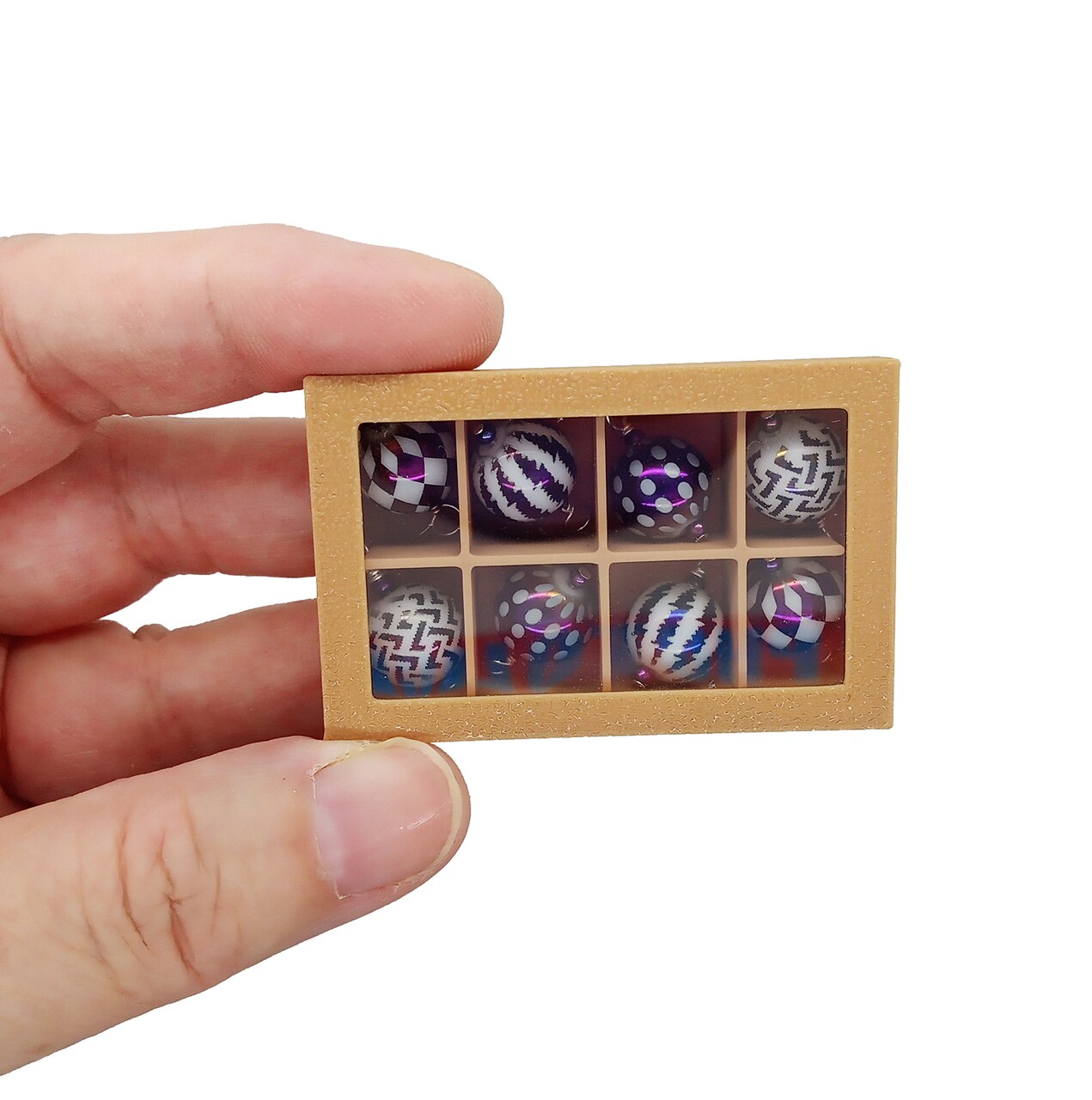 Miniature Purple Ornaments with Box, Dollhouse Christmas Baubles, Adorabilities